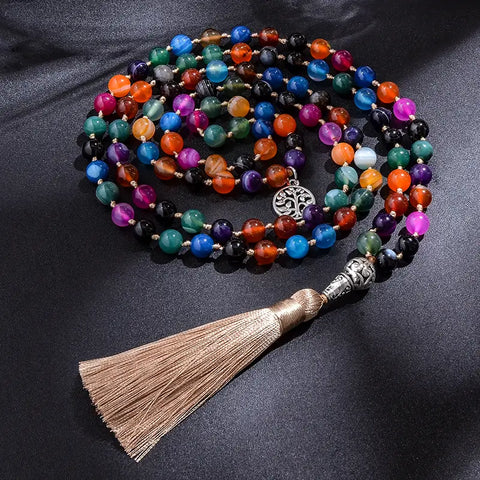 Mala necklace of 108 multicolored agate beads for meditation, yoga and blessings