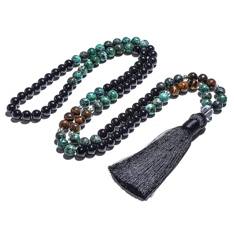 Ensemble collier et bracelet Japa Mala en Turquoise, d’Agate noire d’Oeil de Tigre