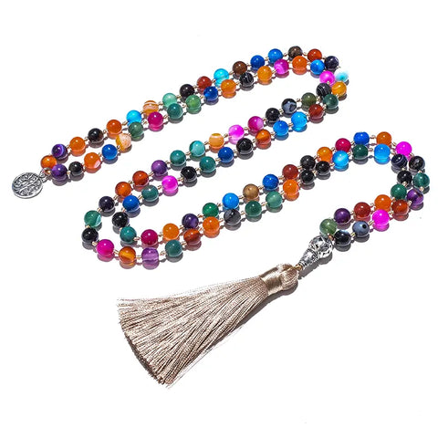Collier mala de 108 perles en agate multicolore pour la méditation, le yoga et les bénédictions