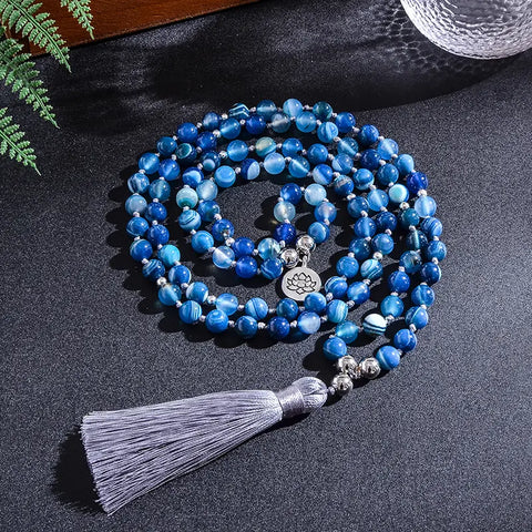 Collier de méditation Japamala en agate bleue: Paix et sérénité intérieures
