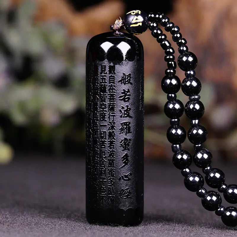 Black Obsidian Buddha Pendant Prajna paramita Sutra Necklace Men&#39;s Women&#39;s Jewelry With beads Chain