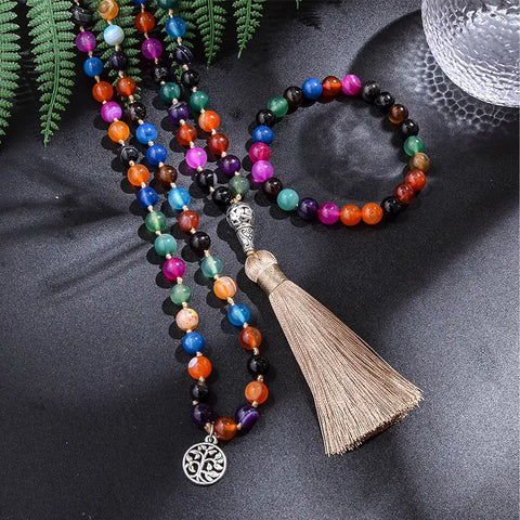 Mala necklace of 108 multicolored agate beads for meditation, yoga and blessings