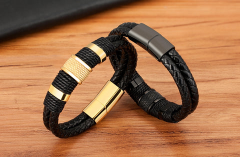 Handcrafted Leather Bracelet Men Stainless Steel