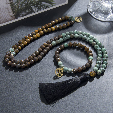 Natural stone tiger eye and bronzite meditation mala prayer necklace for men women.