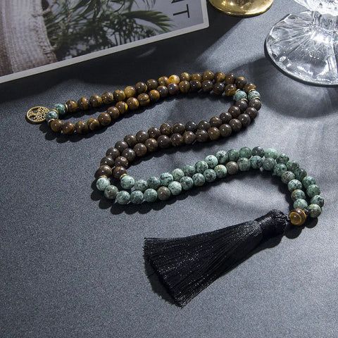 Collier de prière mala méditation en pierre naturelle tigre œil et bronzite pour hommes femmes.