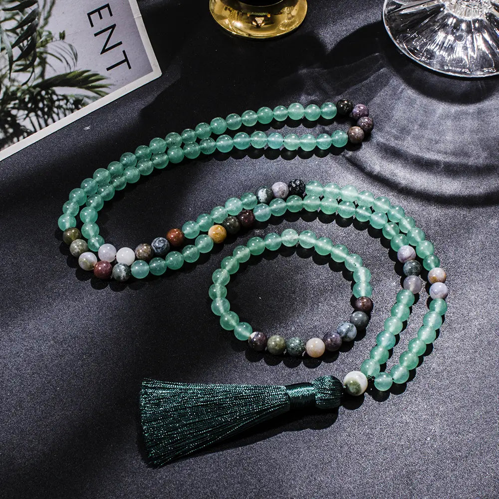 8mm Green Aventurine Indian Onyx Beaded 108 Mala Necklace Meditation Yoga Prayer Jewelry Set Japamala Rosary