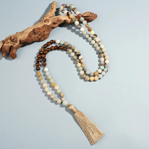 Ensemble de collier Mala en perles pierre amazonite et oeil tigre pour hommes femmes