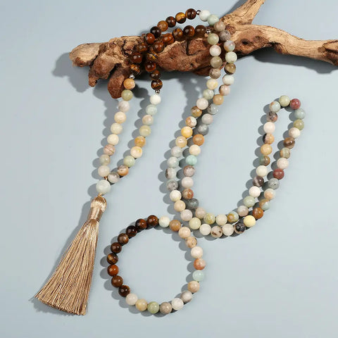 Ensemble de collier Mala en perles pierre amazonite et oeil tigre pour hommes femmes