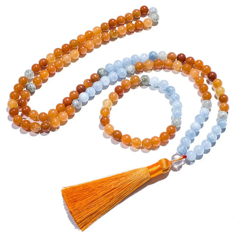 Mala 108 perles en aventurine rouge, aquamarine et labradorite pour la méditation le yoga