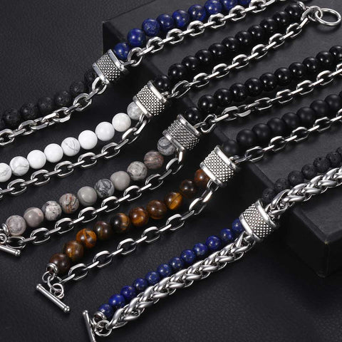 Tiger eye stone bracelet with stainless steel and gunmetal link chain for men