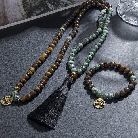 Natural stone tiger eye and bronzite meditation mala prayer necklace for men women.
