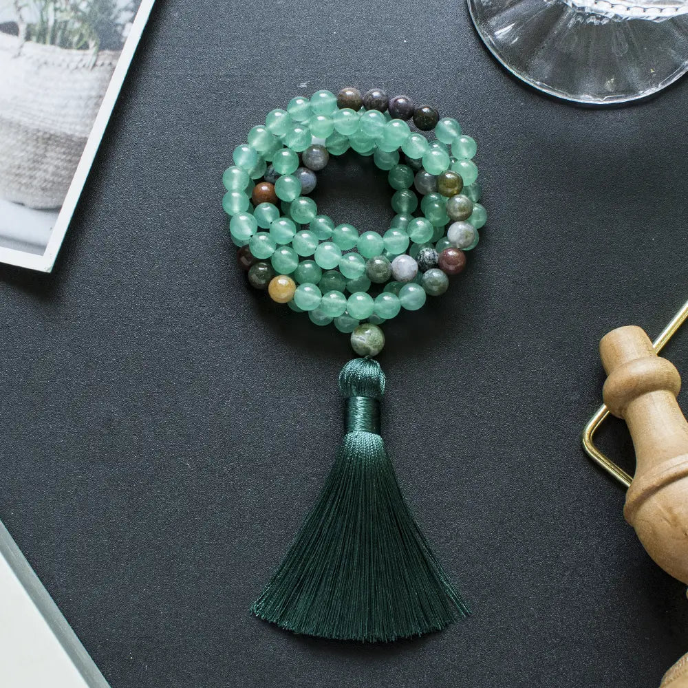 8mm Green Aventurine Indian Onyx Beaded 108 Mala Necklace Meditation Yoga Prayer Jewelry Set Japamala Rosary