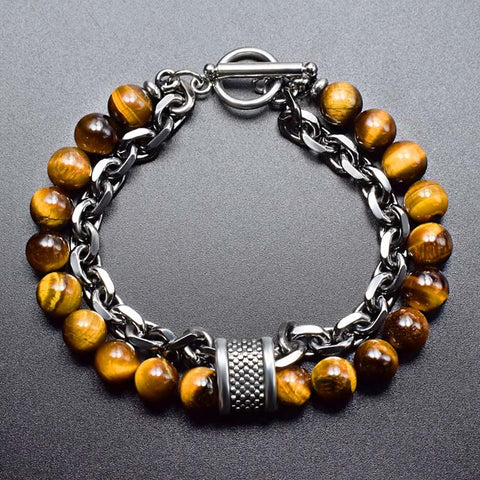 Tiger eye stone bracelet with stainless steel and gunmetal link chain for men