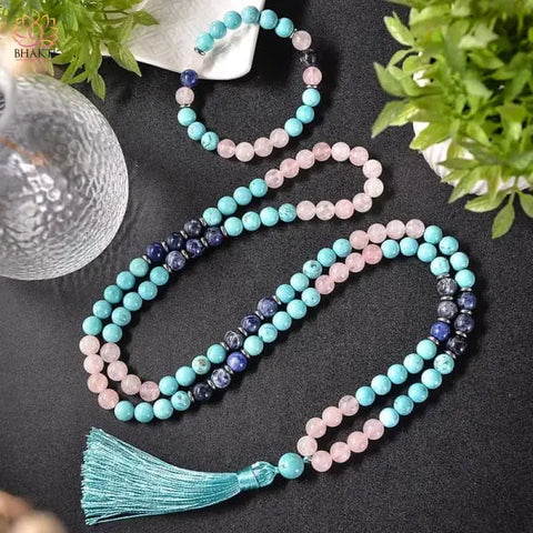 Collier Mala Perles Turquoise, Quartz Rose et Sodalite
