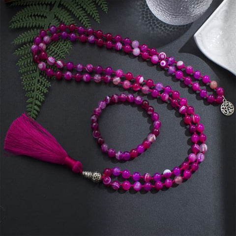 Collier Mala Agate 8mm 108 Perles Yoga Méditation Rouge/Rose