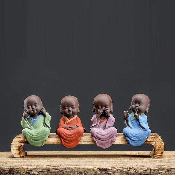 Ensemble Déco ZEN 4 Statuettes Moines de la Sagesse + Banc - Réduction 30% 1