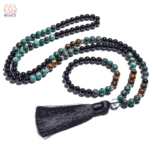 Ensemble collier et bracelet Japa Mala en Turquoise d’Agate noire d’Oeil de Tigre - 1