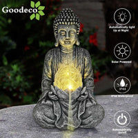 Statuette de bouddha avec boule verre craquelée Sculpte la lumière solaire décoration zen d’extérieur ou d’intérieur. - Réduction 30% 1